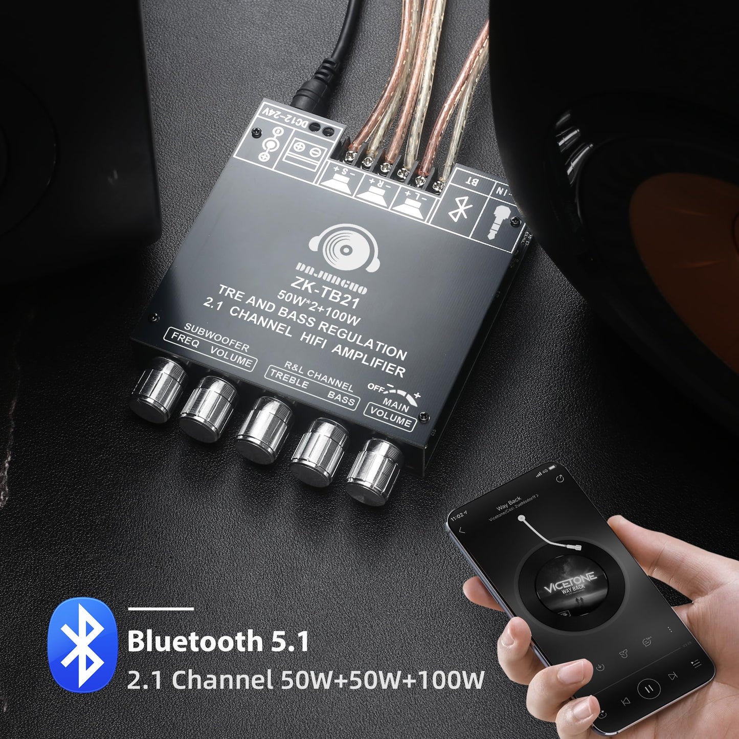 ZK-TB21 Power Amplifier Board Bluetooth5.1 TPA3116 Chip with Subwoofer 2.1 Channel 50W×2+100W, DC 12-24V Bluetooth and AUX Inputs