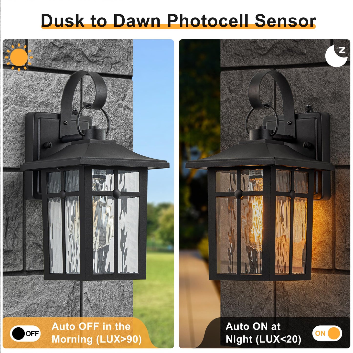 Lawyettle 2 Pack Dusk to Dawn Outdoor Wall Lights, Aluminum Exterior Light Fixtures Wall Mount with Ripple Glass, Waterproof Black Porch Lights