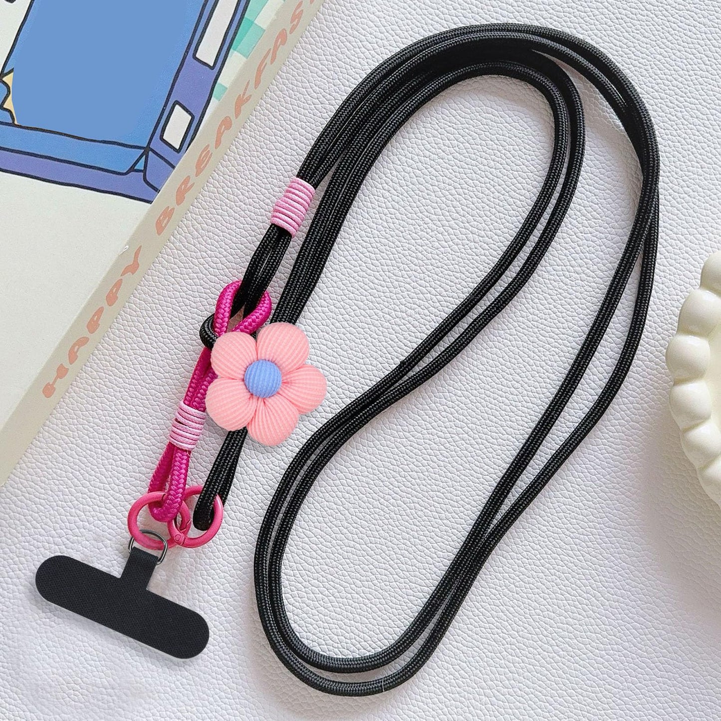 MWRDSM Phone Lanyard with Flower Anti-Theft Crossbody Strap Universal Cell Phone Nylon Lanyard Patch Neck Strap Outdoor Activities (Black)