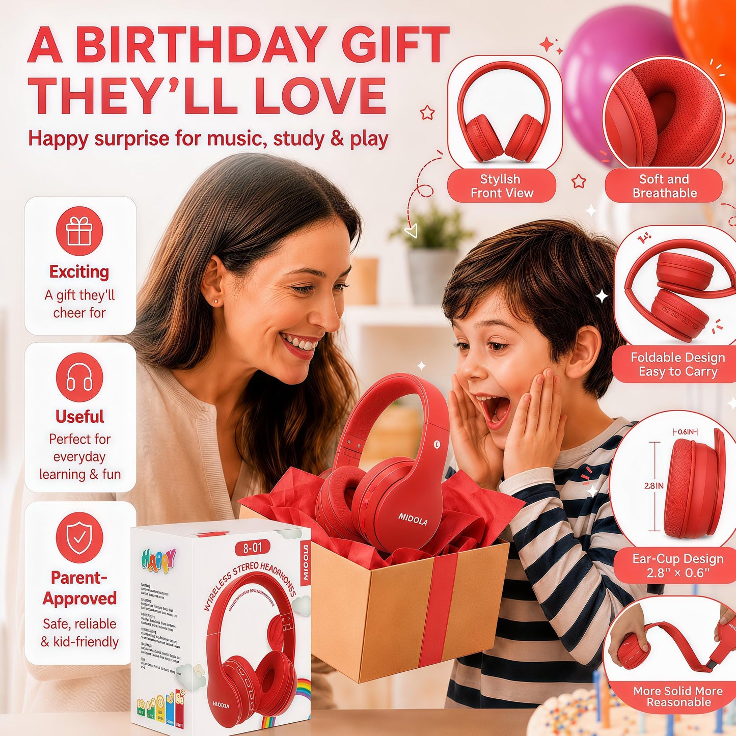 MIDOLA Kids Headphones Bluetooth 5.3 Wireless 60H Play Time Volume Limit 85/110dB Over Ear Foldable Protection Headset/Wired AUX Cord Mic for Children