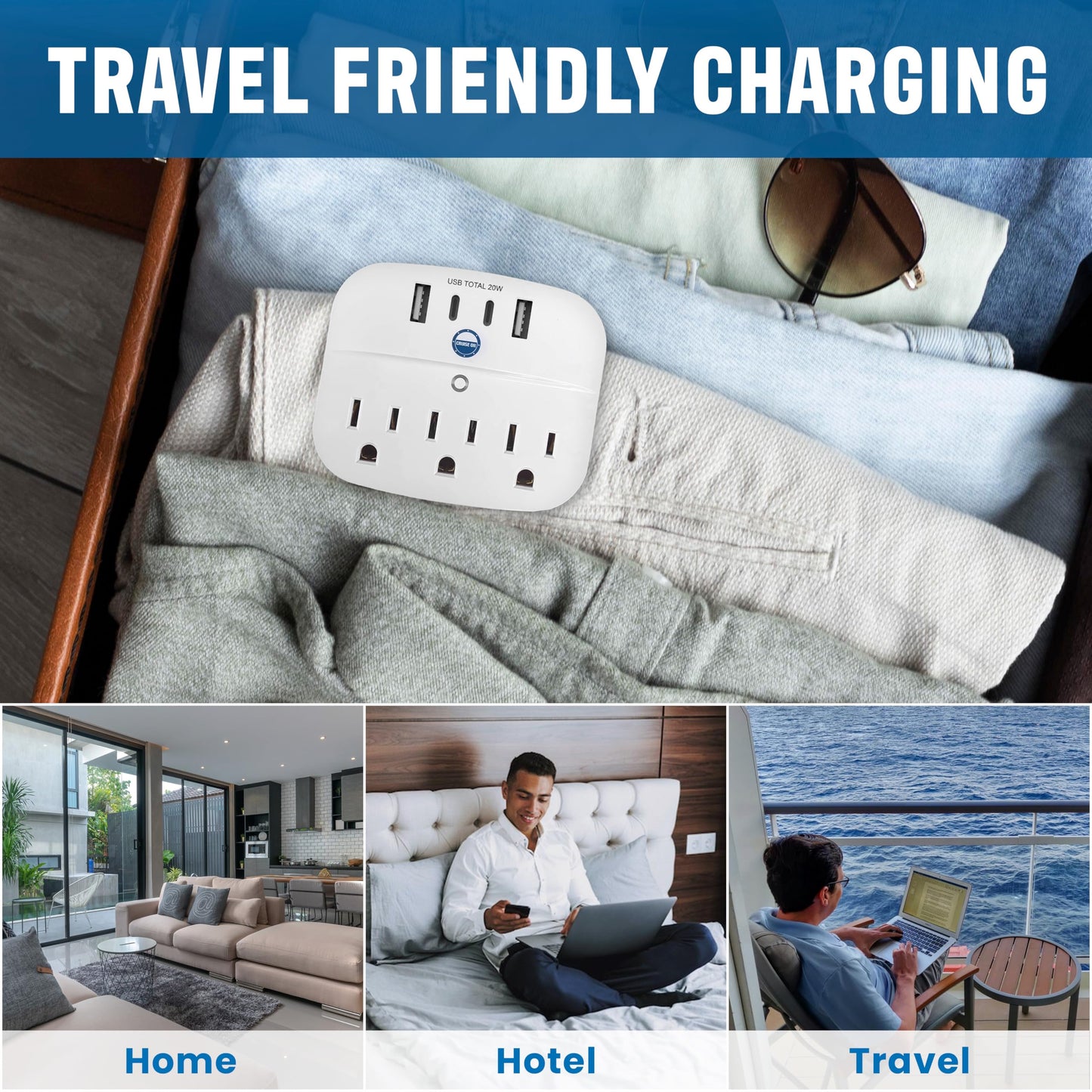 Cruise Approved Non Surge Power Strip [2 USBC, 2 USB, 3 AC] - Cruise Essentials for Carnival, Celebrity, Princess, Norwegian, MSC & Major Cruise Lines