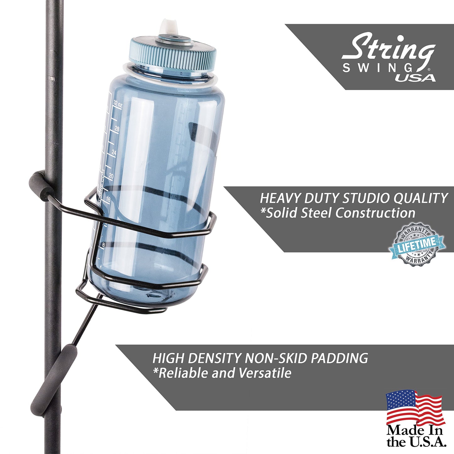 Mic Stand Large Drink Holder - Microphone & Cymbal Pole Mount for Nalgene Water Bottle Mason Jar Atlas Coffee Thermos Contigo Travel Mug - Black Heavy