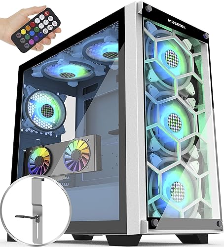 MUSETEX 5×140mm & 1×120mm ARGB Fans Voice Remote Control Mid-Tower Case with 2 PCS x USB 3.0 Ports Tempered Glass Panels PC Gaming Case Computer