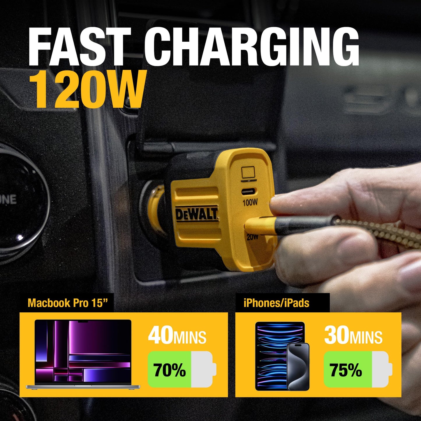 DEWALT Heavy Duty USB C Car Charger, 120W 2-Port PD 3.0 Type C Adapter, PPS Fast Charging w/Power Delivery for iPhone 17 16 15 14 13 Pro Max Mini