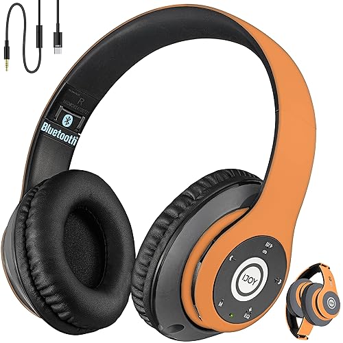 iJoy Bluetooth Headphones Over Ear, Wireless and Wired Foldable Headset Built-in Microphone, FM, Micro SD Card Slot - (Orange) Adults Kids Men Women