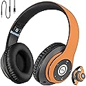 iJoy Bluetooth Headphones Over Ear, Wireless and Wired Foldable Headset Built-in Microphone, FM, Micro SD Card Slot - (Orange) Adults Kids Men Women