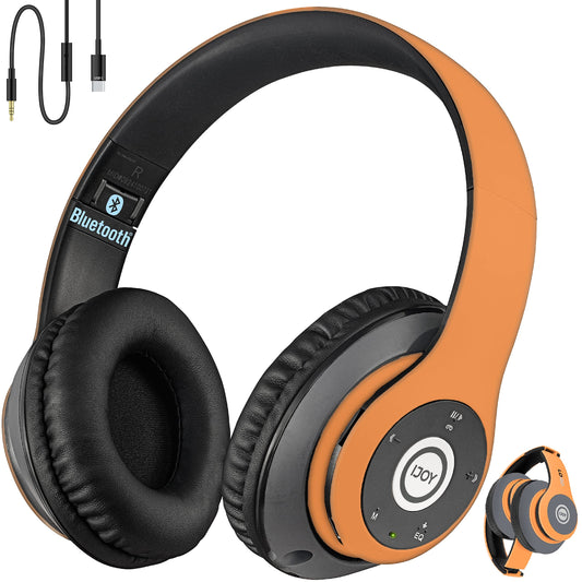 iJoy Bluetooth Headphones Over Ear, Wireless and Wired Foldable Headset Built-in Microphone, FM, Micro SD Card Slot - (Orange) Adults Kids Men Women