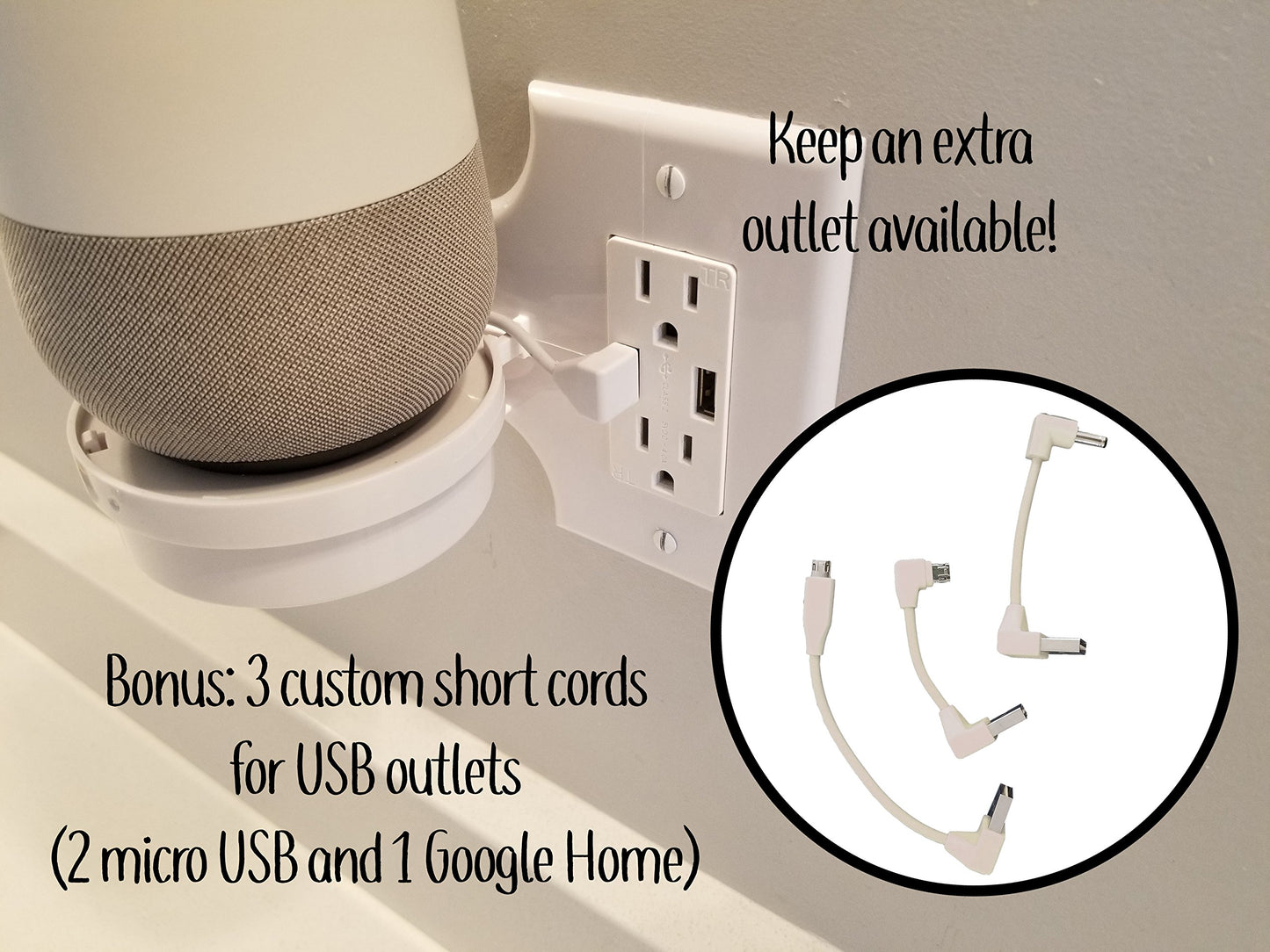 Mount Genie Smart Home Outlet Shelf: Hidden Cord Storage and Extra Custom Short Cords Great for Google Home, Nest, Security Cameras, Smart Speakers