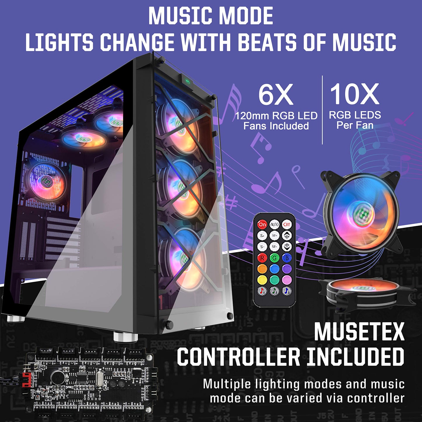 MUSETEX USB 3.0 Ports & 6 PCS 120mm LED ARGB Fans Pre-Installed ATX Mid Tower Computer Gaming Case with Remote Control Tempered Glass (BX6-MN6)