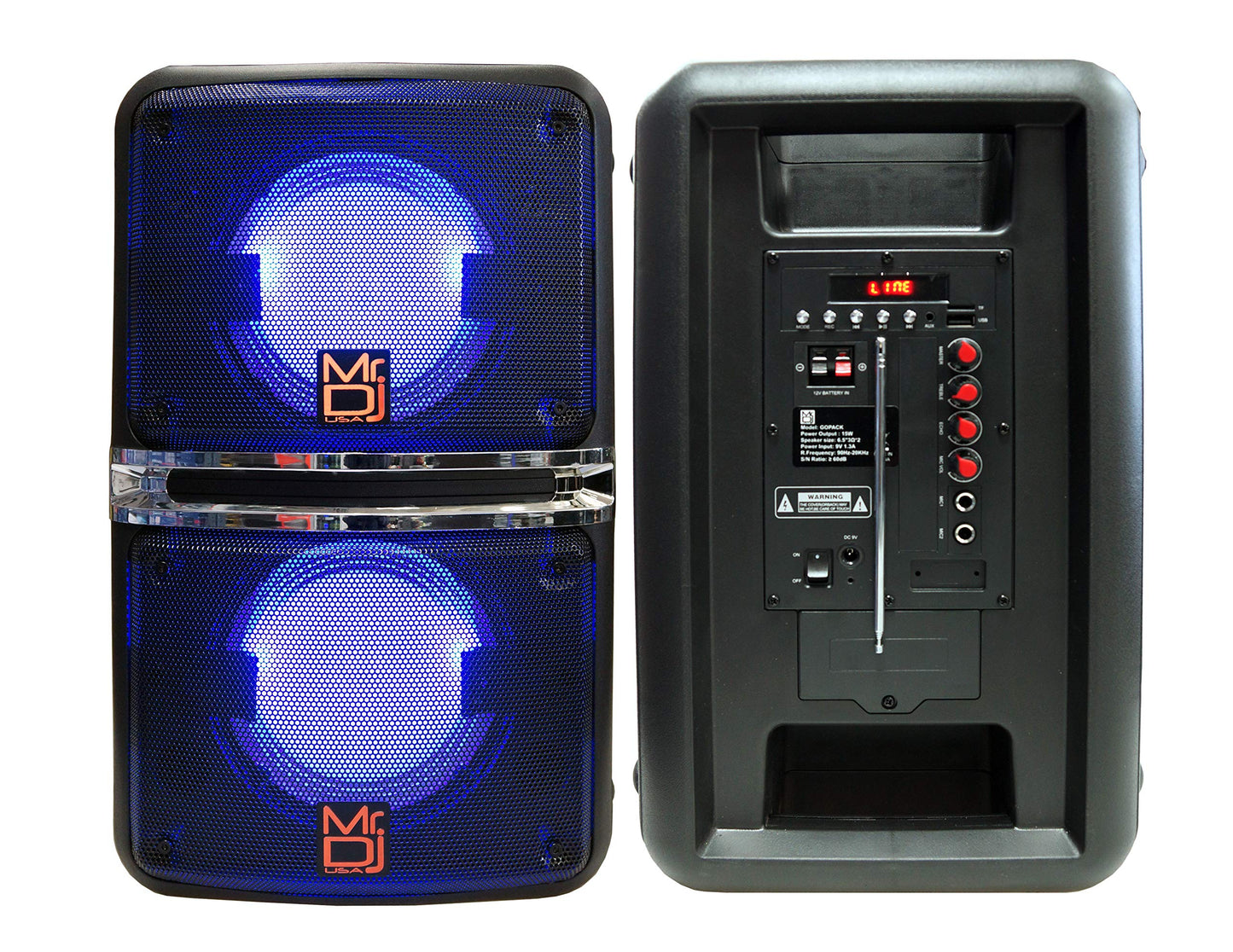 Mr. Dj GO PACK Dual 6.5" Portable Outdoor Speaker BUILT-IN Bluetooth, USB/Micro SD Card Reader, with Rechargeable Battery & LED Accent Lighting 1200W