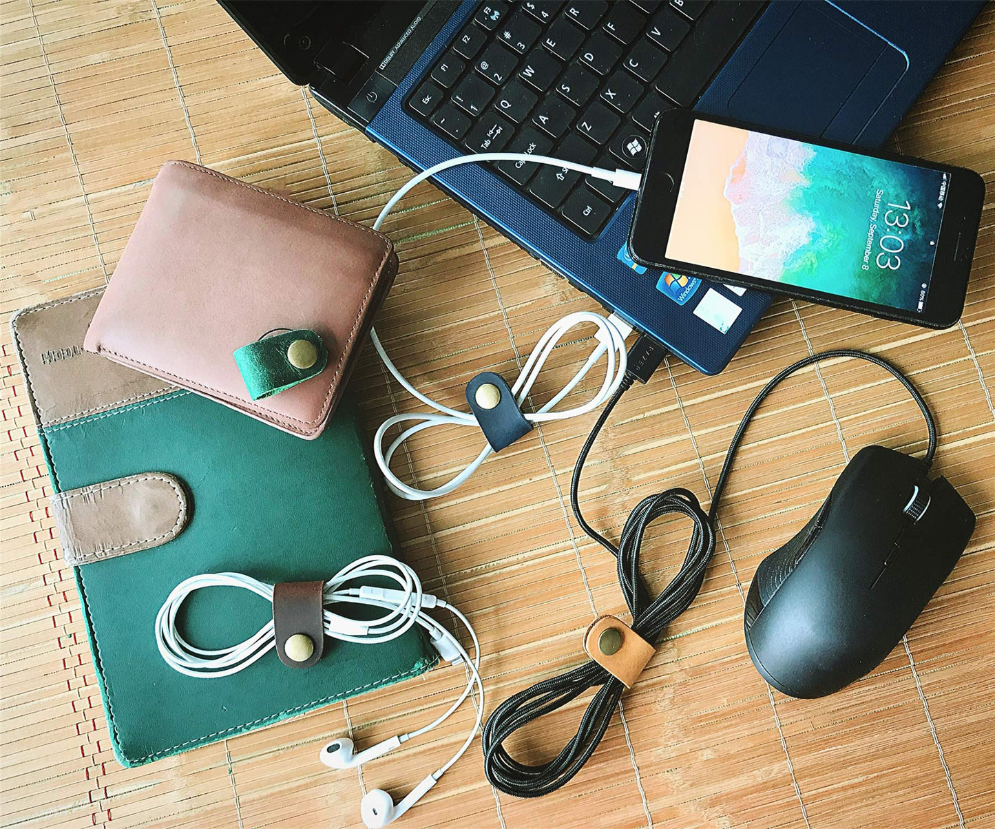 YohokGo Leather Cable Organizer with Snap Button, Reusable Cord Wrap for Charger Cables, USB Cords, Earbuds, Desk & Travel Cable Management 8Pack