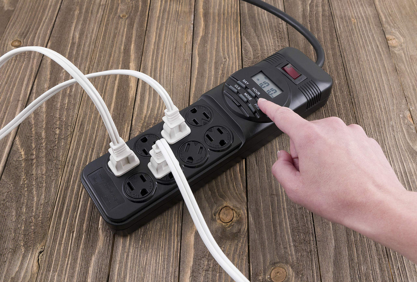 GE 7-Day Digital Power Strip with Timer, 15 AMP, 1800W, 120V, 8 Outlet Timer, 4 Timed / 4 Always On Extension Chord with Timer, Custom Indoor Light