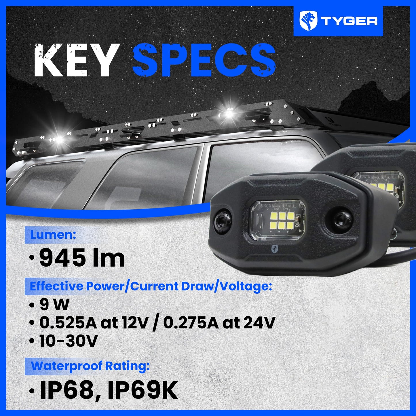 Tyger Auto Off-Road Vehicle Rack LED Flood Light Pods | 2-Pack | 6500K Day White | Wire to 12V or 24V | 9W Each | IP68 / IP69K Waterproof | Flat or 30