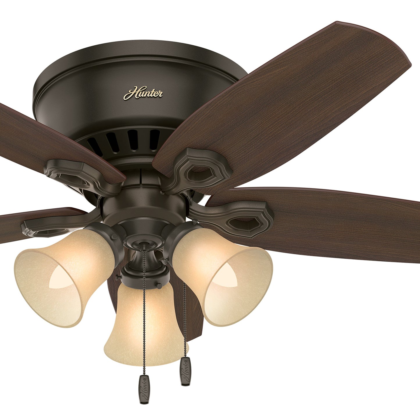Hunter Fan 42 inch Low Profile Traditional Ceiling Fan in New Bronze - Three-Light Fitter with Cased White Glass (Renewed) (New Bronze)