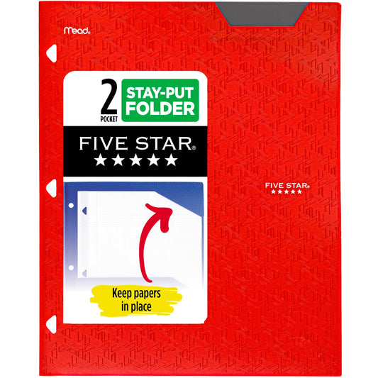 Five Star 2-Pocket Folder, Plastic Folder with Stay-Put Tabs, Fits 3-Ring Binder, Holds 8-1/2" x 11" Paper, Fire Red (333420D-ECM)