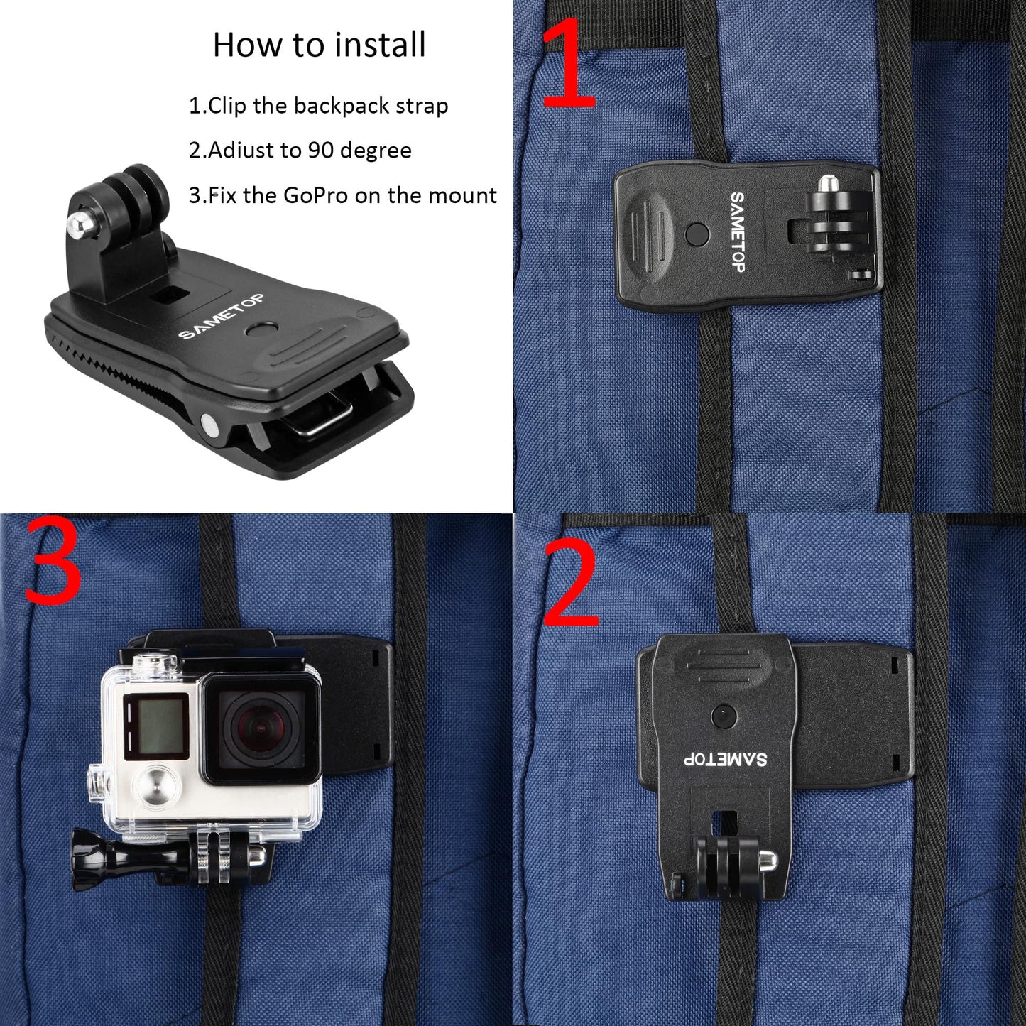 Sametop Backpack Strap Mount Quick Clip Mount Compatible with Gopro Hero 13, 12, 11, 10, 9, 8, 7, 6, 5, 4, Session, 3+, 3, 2, 1, Hero (2018), Fusion