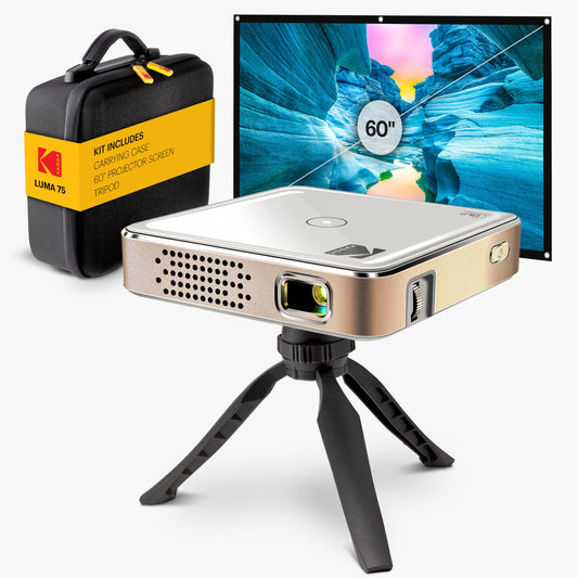 KODAK Luma 75 Complete Kit - Ultra Mini DLP Pocket Projector with Case, Tripod & 60” Screen, Rechargeable Battery, Built-in Speaker, HDMI, USB