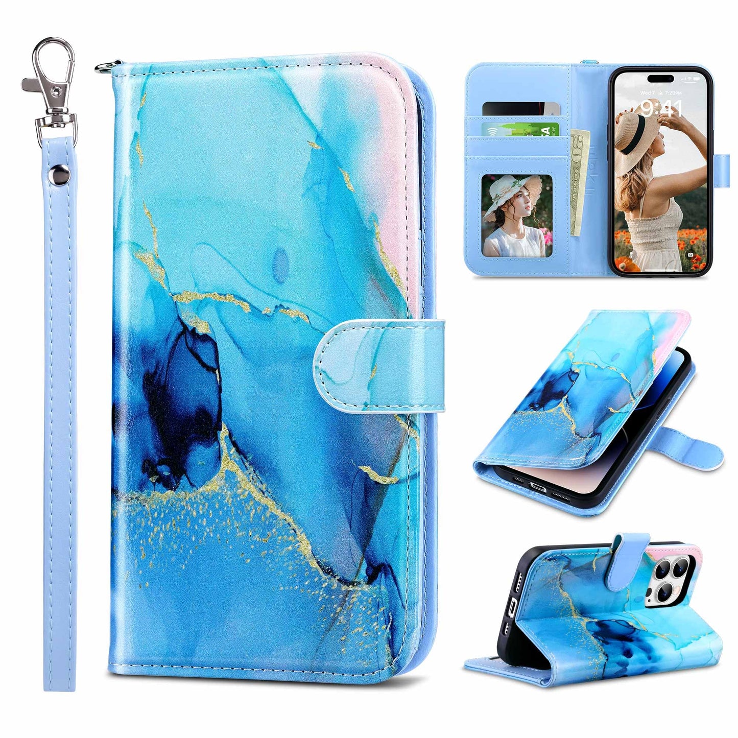 ULAK Compatible with iPhone 15 Pro Wallet Case with Card Holder, Marble
