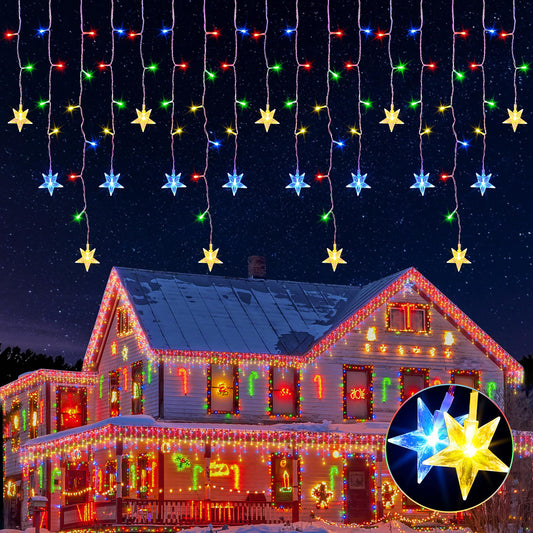 oopswow 200 LED Icicle Christmas Lights with Star,16.5FT Curtain Fairy Lights 40 Drops 8 Modes with Timer, Star Christmas Lights