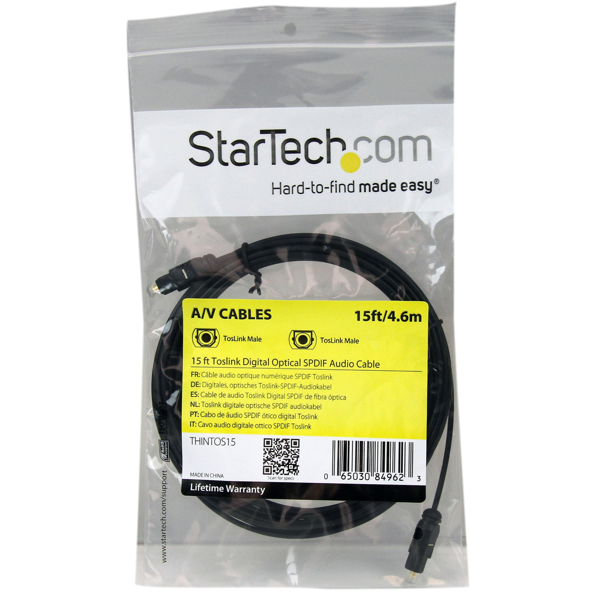 StarTech.com 15 ft Thin Toslink Digital Optical SPDIF Audio Cable - 15ft / 15 Feet Optical Audio Cable (THINTOS15),Black