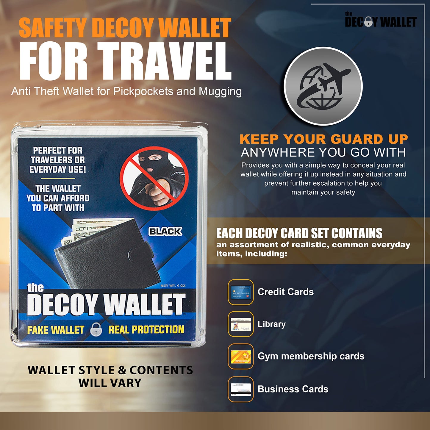 Decoy Wallet – Anti-Pickpocket Fake Wallet with 6 Faux Credit Cards, Realistic Travel Safety Wallet for Men & Women (Styles Vary)