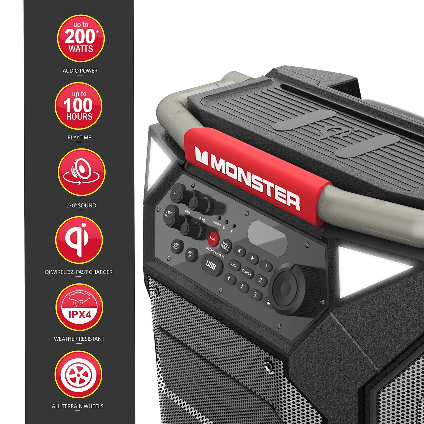 Monster Rockin' Roller 270 Portable Indoor/Outdoor Wireless Speaker, 200 Watts, Up to 100 Hours Playtime, IPX4 Water Resistant, Qi Charger, Connect