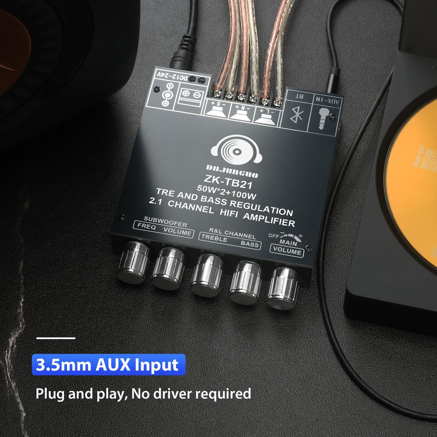 ZK-TB21 Power Amplifier Board Bluetooth5.1 TPA3116 Chip with Subwoofer 2.1 Channel 50W×2+100W, DC 12-24V Bluetooth and AUX Inputs