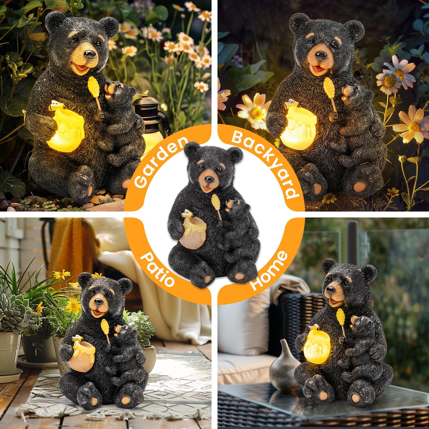 GIGALUMI Solar Garden Statues Bears 9", Loving Black Bear Decor, Yard Decorations Outdoor, Bear Figurine Lights for Outside, Garden Decor Unique