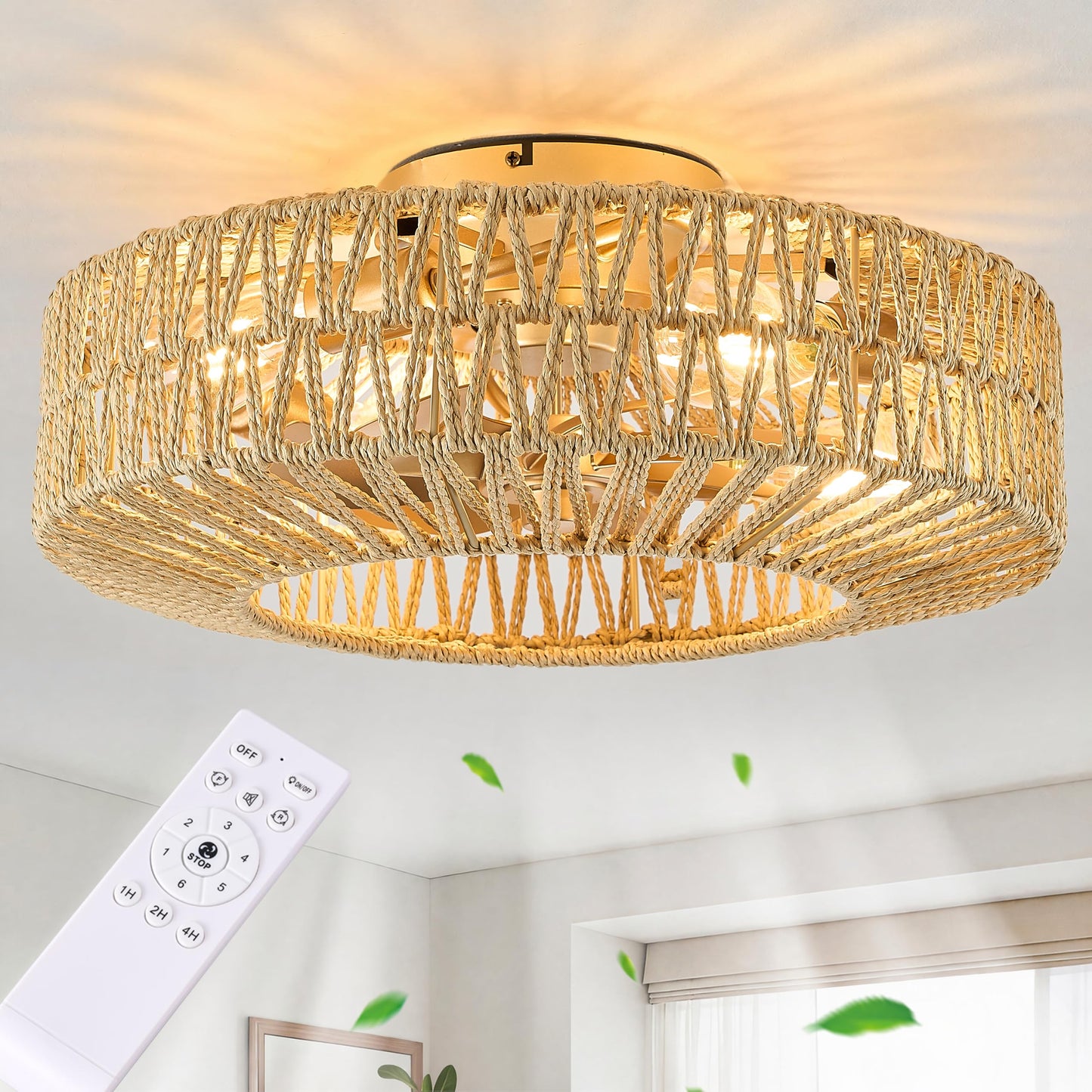 Bewishing 20" Rattan Fandelier Ceiling Fan with Light, Boho Flush Mount