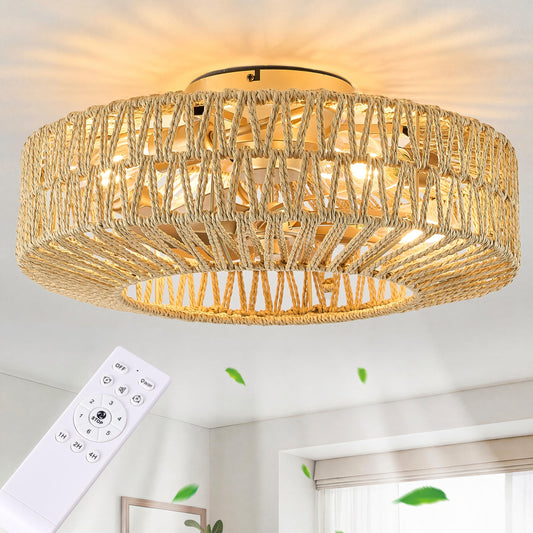 Bewishing 20" Rattan Fandelier Ceiling Fan with Light, Boho Flush Mount