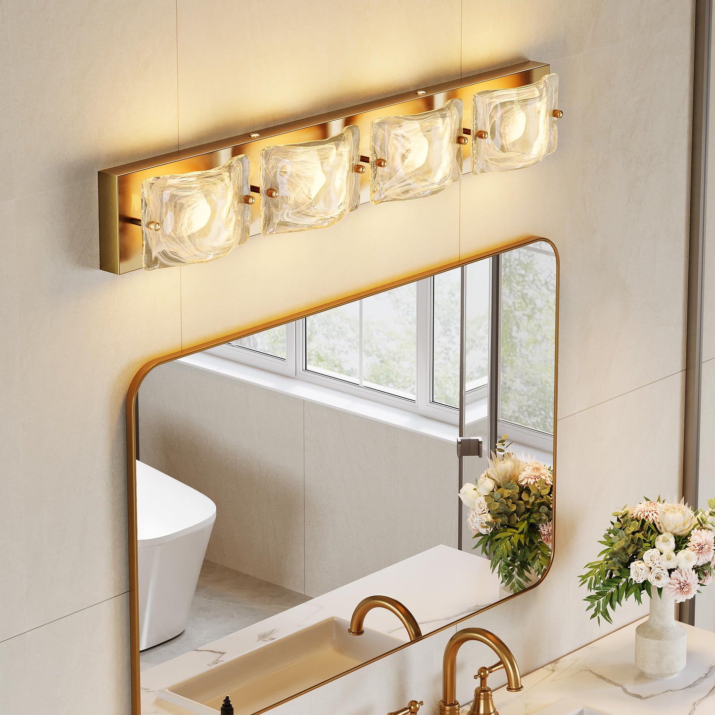 Tribesigns 4-Light Vanity Fixtures, Curved Cloud Glass Lampshades Gold Copper Plate, Modern Bathroom Wall Lighting Fixtures Over Mirror, 3CCT LED