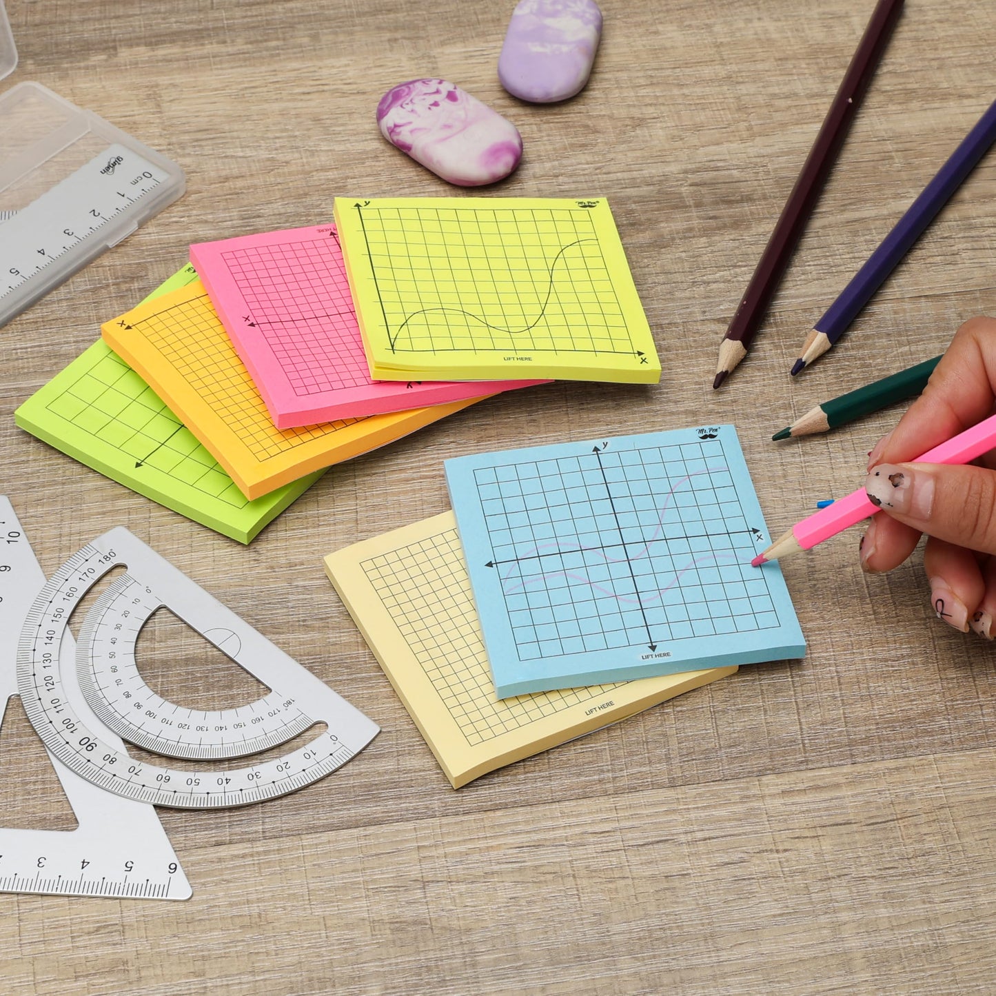 Mr. Pen- Graph Sticky Notes, 3x3 Inch, 6 Pads, 50 Sheets/Pad, 300 Sheets | 6 Grid Designs, Bright Colors, Square Graph Paper Notes, Grid Sticky Note