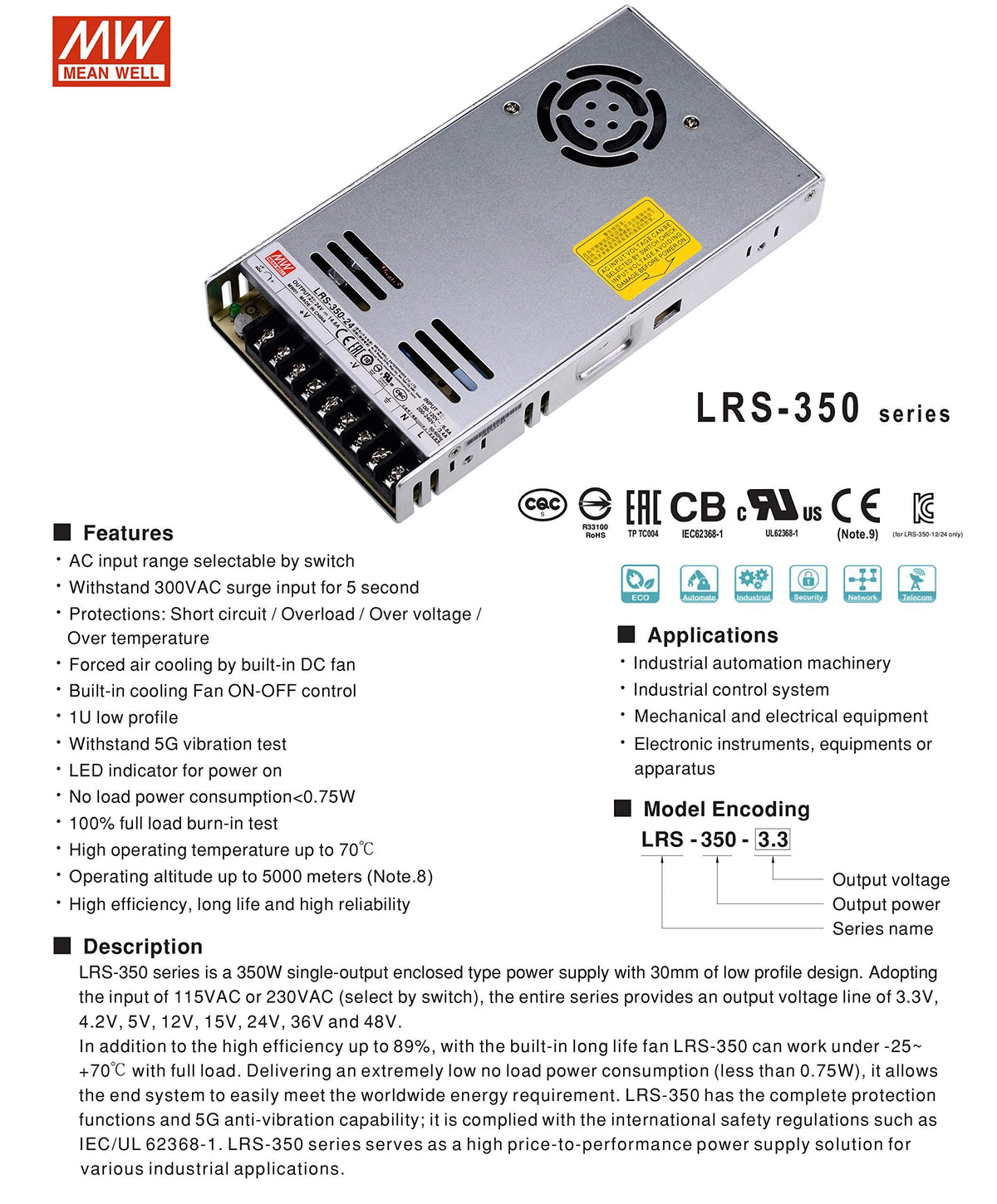 Mean Well LRS-350-12 DC Switching Power Supply 12V 29A 350W for CCTV, Computer Project, 3D Printer, LED Strip Light, Router
