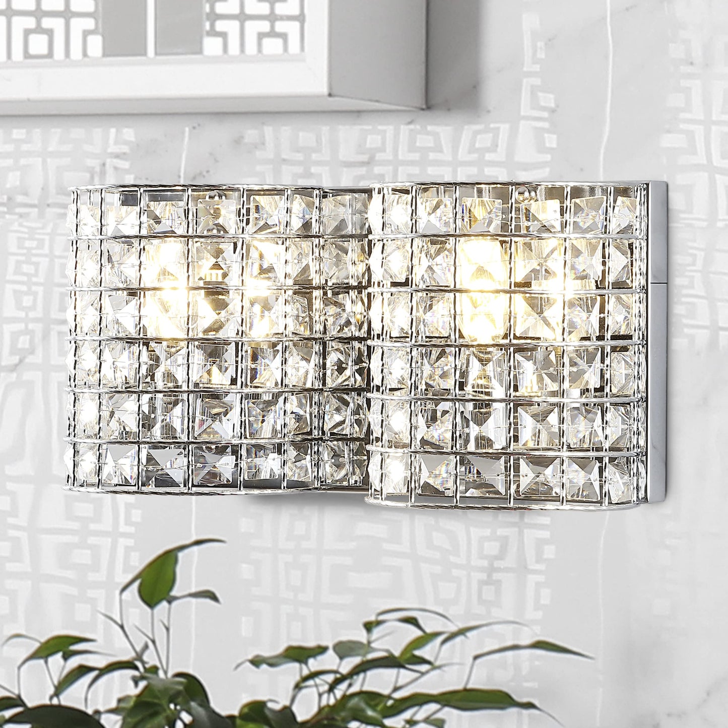 JONATHAN Y 15" Chrome Modern LED Vanity Light Sconce for Bathroom Decor, 2-Light, Clear Crystal Shade, Glam Wall Lighting for Hallway Entryway, LED