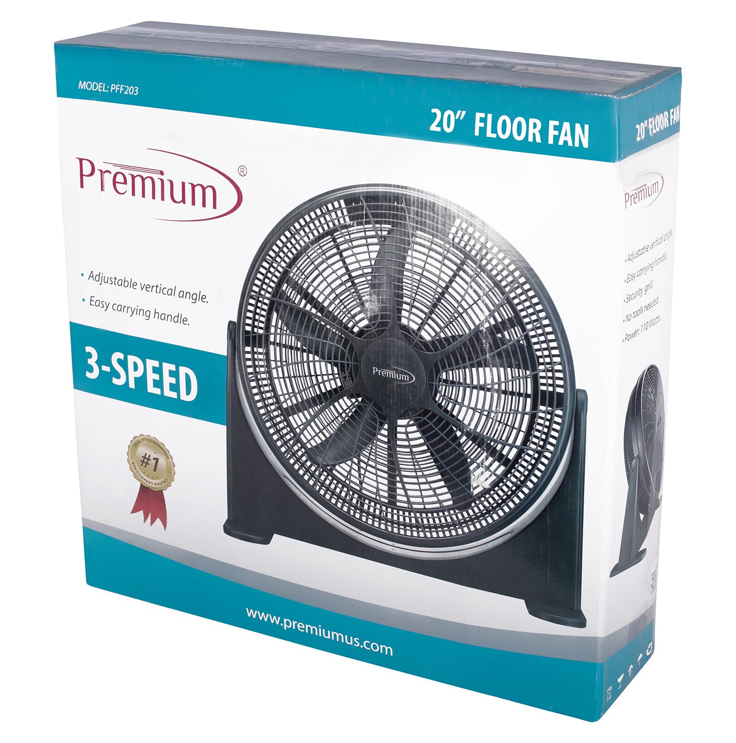 Premium PFF203 20" Inch Quiet Floor fan, Quiet Table Fan, Portable Air Blower, Quiet Home Air Circulator, Black