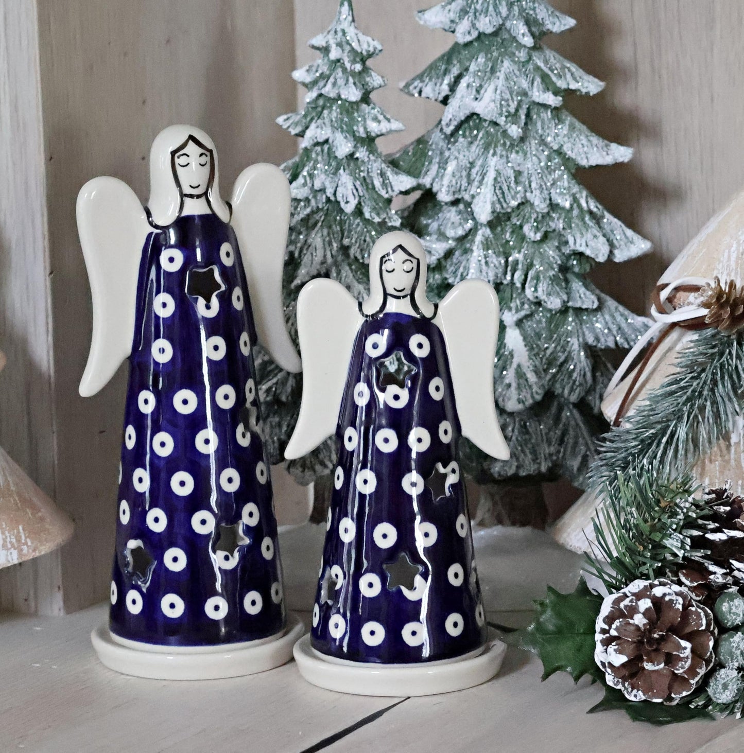 Blue Rose Polish Pottery - Blue Dots Large Angel Luminary - 7.75" Tall - Hand-Painted Polish Pottery Holiday Candle Holder, Unique Christmas Gift