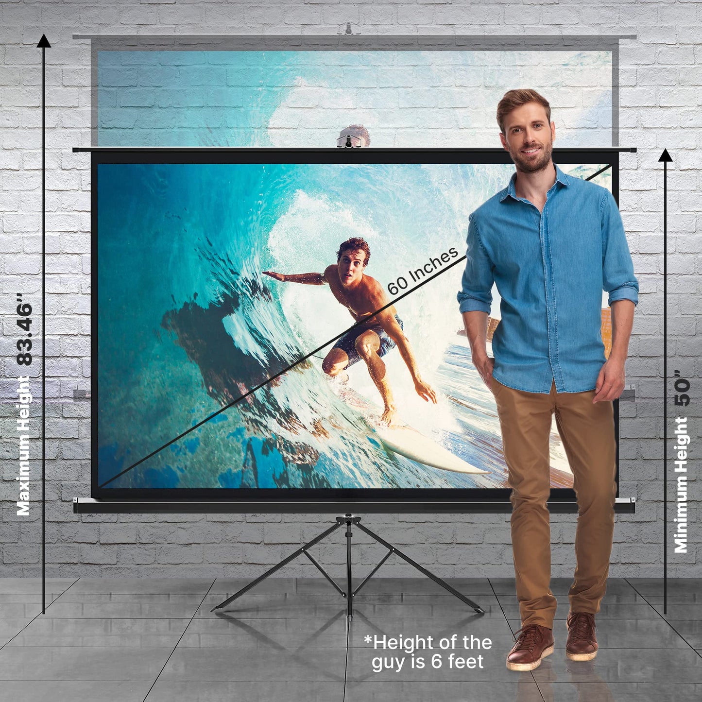 Pyle 60 Inch Portable Projector Screen with Tripod Stand - Fold Out Roll Up, HD Premium 16:9 Aspect Ratio, Matte Viewing Surface for Indoor
