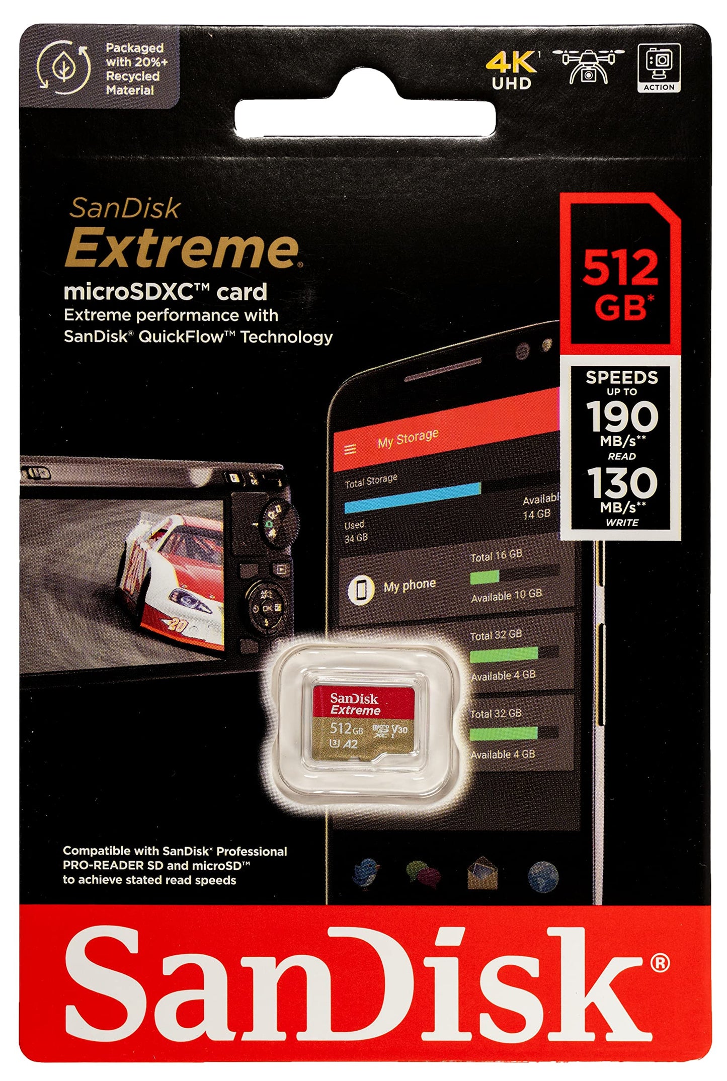 SanDisk Micro Extreme 512GB SDXC UHS-I U3 V30 Memory Card Works with Camera GoPro Action Camera Hero 12 Black (SDSQXAV-512G-GN6MN) Bundle with (1)