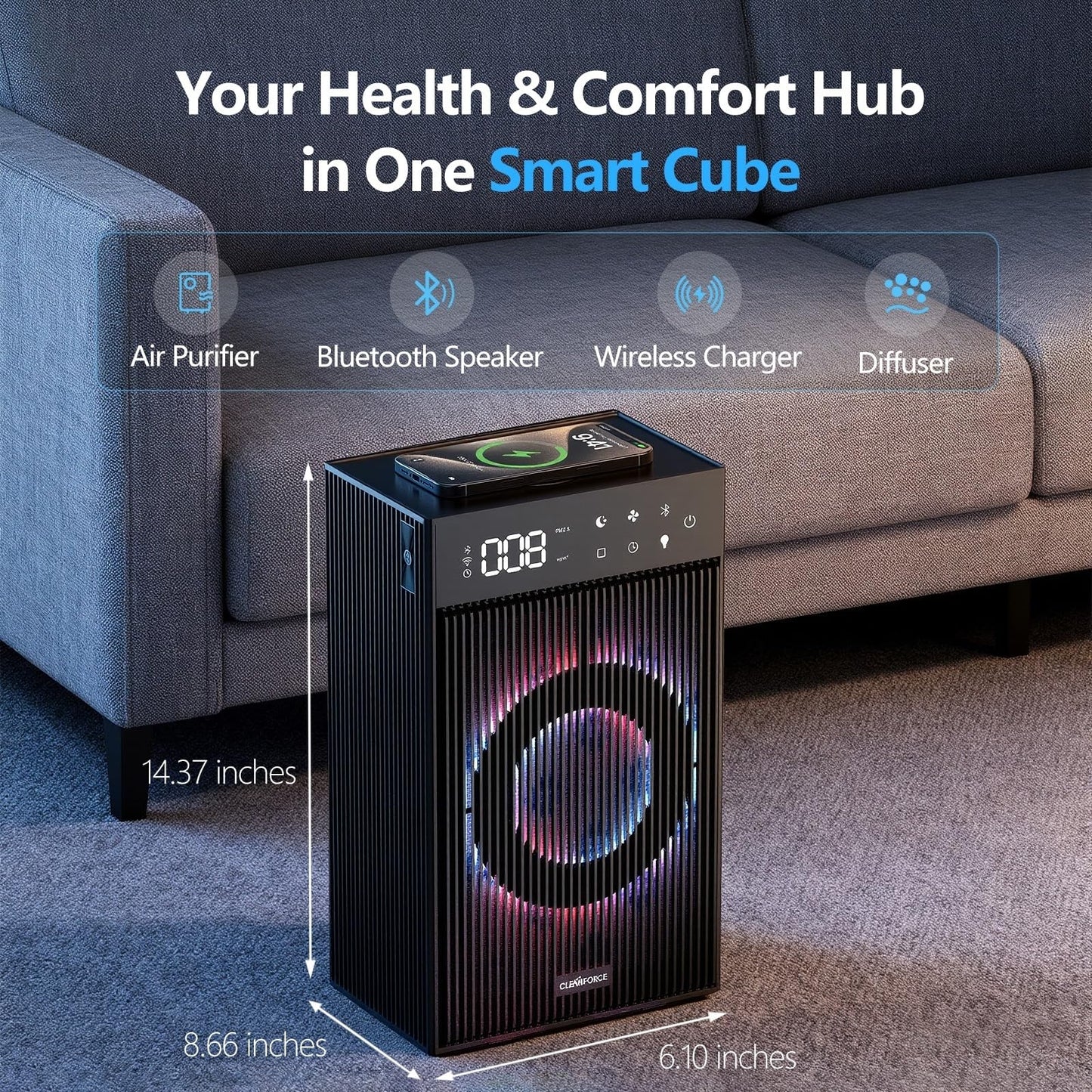 CleanForce Rainbow Cube | World’s First 4-in-1 Space-saving Air Purifier with Bluetooth Speaker, Wireless Charger & Aroma Diffuser | Swiss Tech?over