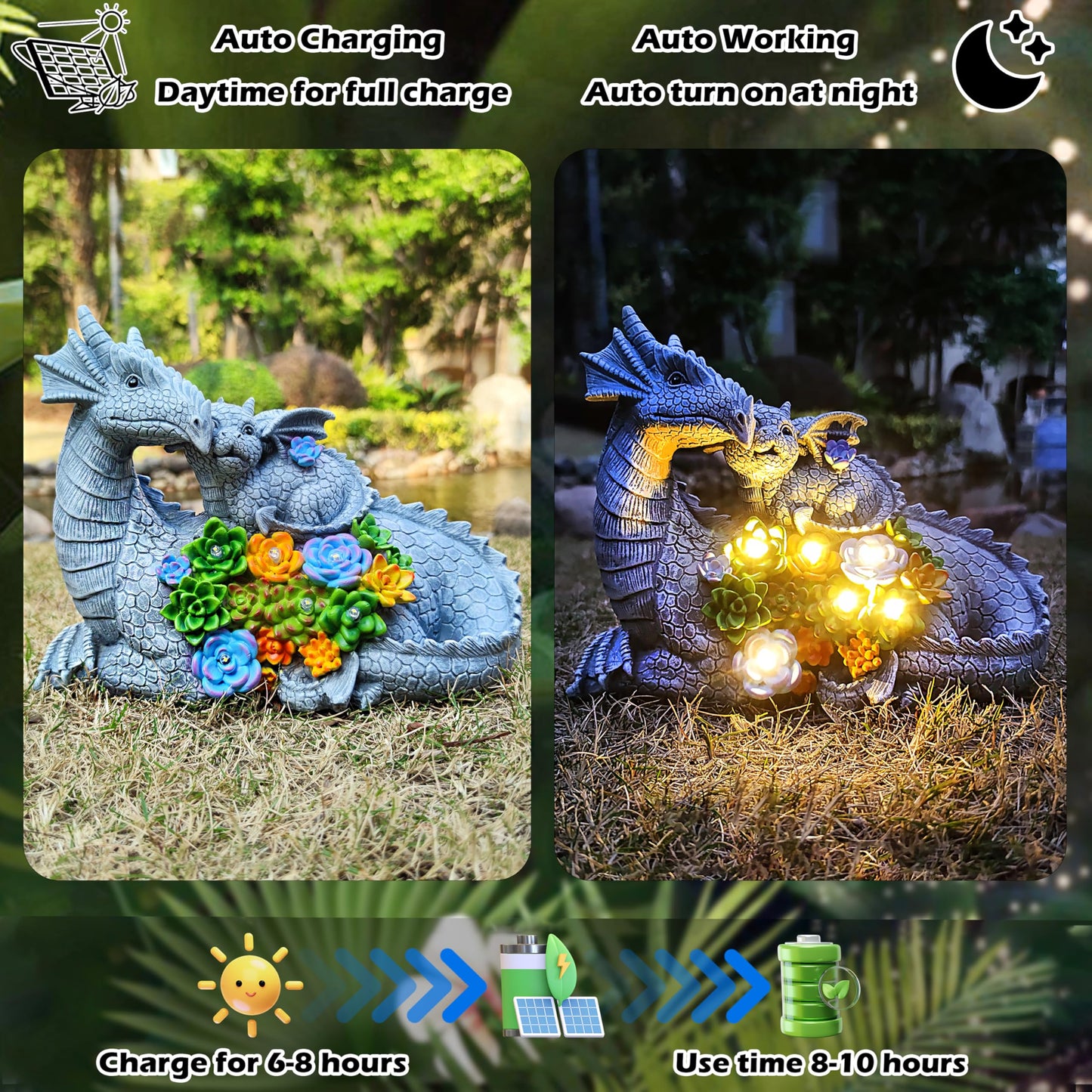 VIOYOUNS Solar Dragon Statue with LED Lights, Dargon Lover Gifts with Succulent and 6 LED Lights for Outdoor,Solar Dragon Decor for Yard, Garden