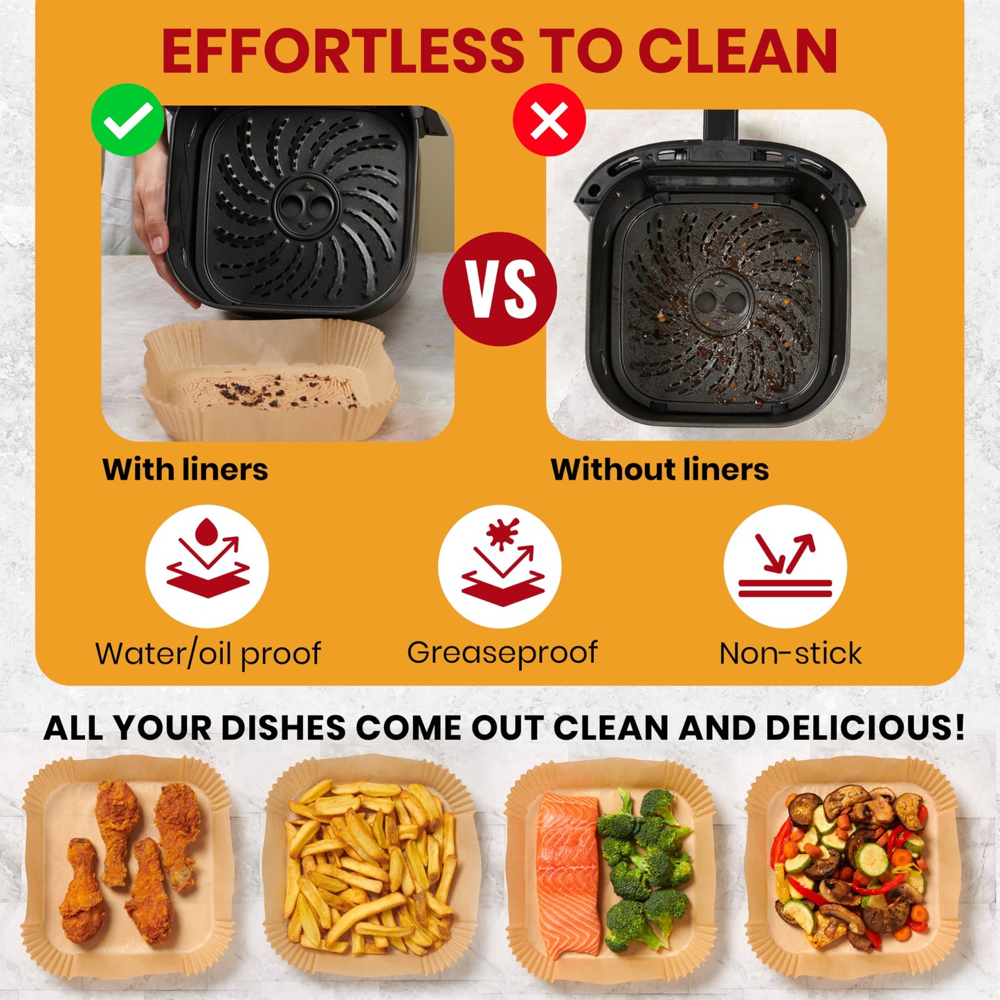 Baker's Signature Air Fryer Paper Liners, 125-Pack Disposable 8" Square, Non-Stick & Oil-Proof for 5-8 Qt Baskets, Easy Cleanup