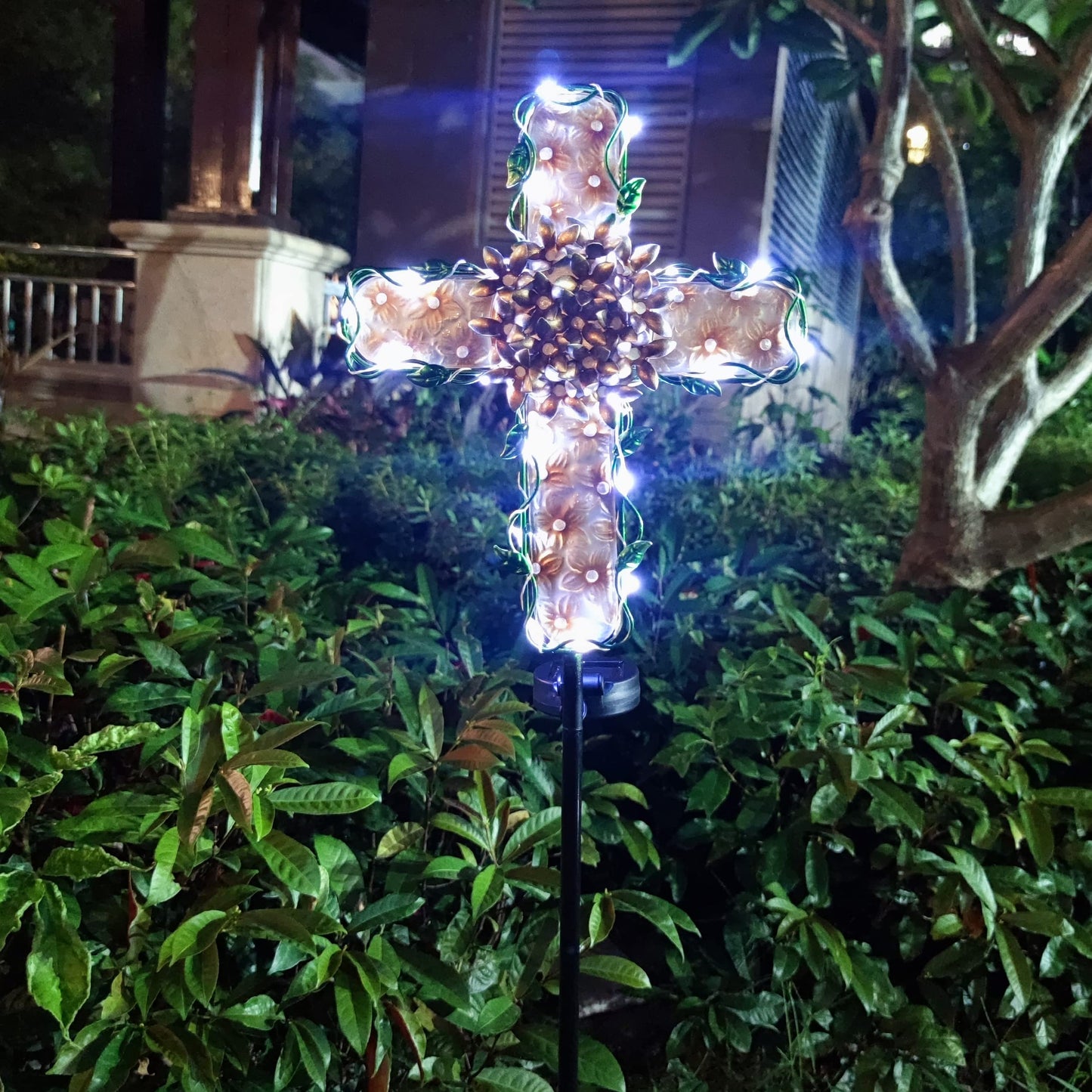 COOZZYHOUR 38inch Cross Garden Solar Lights Outdoor Decorative - Solar Metal&Glass Cross Apricot Hydrangea Flower Stake Lights- Waterproof 20 White