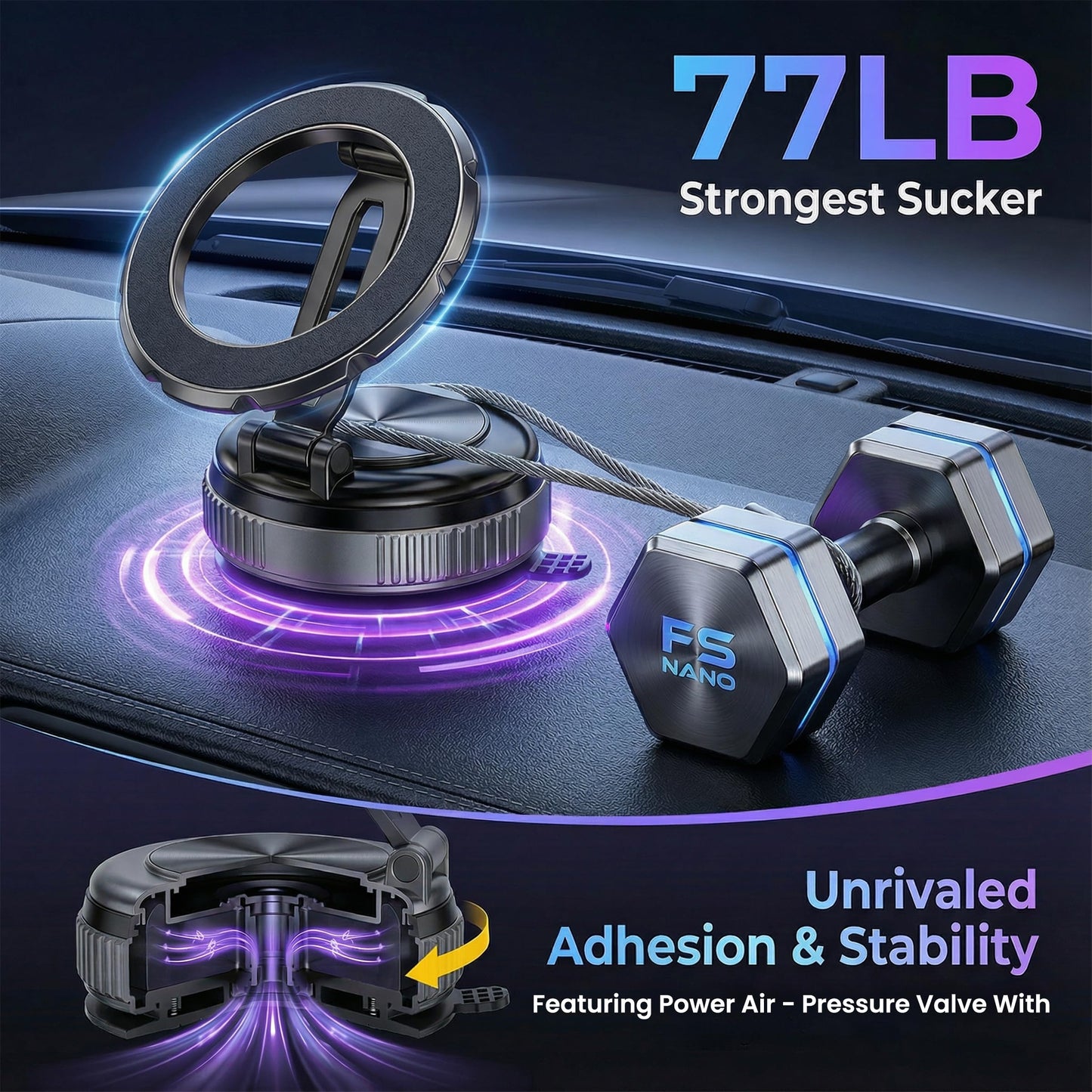 FS NANO Magnetic Phone Holder for Car, Vacuum Suction Cup MagSafe Mount with N55 Magnets, 360°/210° Adjustable Foldable Aluminum Design, Compatible