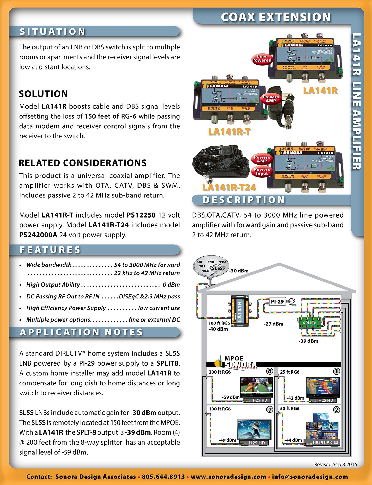 LA141R -T (1) Coax Input, 14 dB Gain Amplifier with 2-42 MHz Return, with power adaptor by Sonora Design