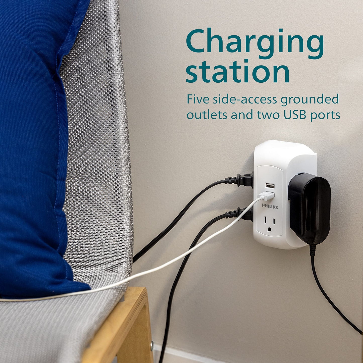 Philips 5-Outlet Extender, Grounded Wall Tap, 3-Prong, 2 USB-A, Surge Protector, Adapter Spaced Outlets, Side Access, 560 Joules, Quick and Easy