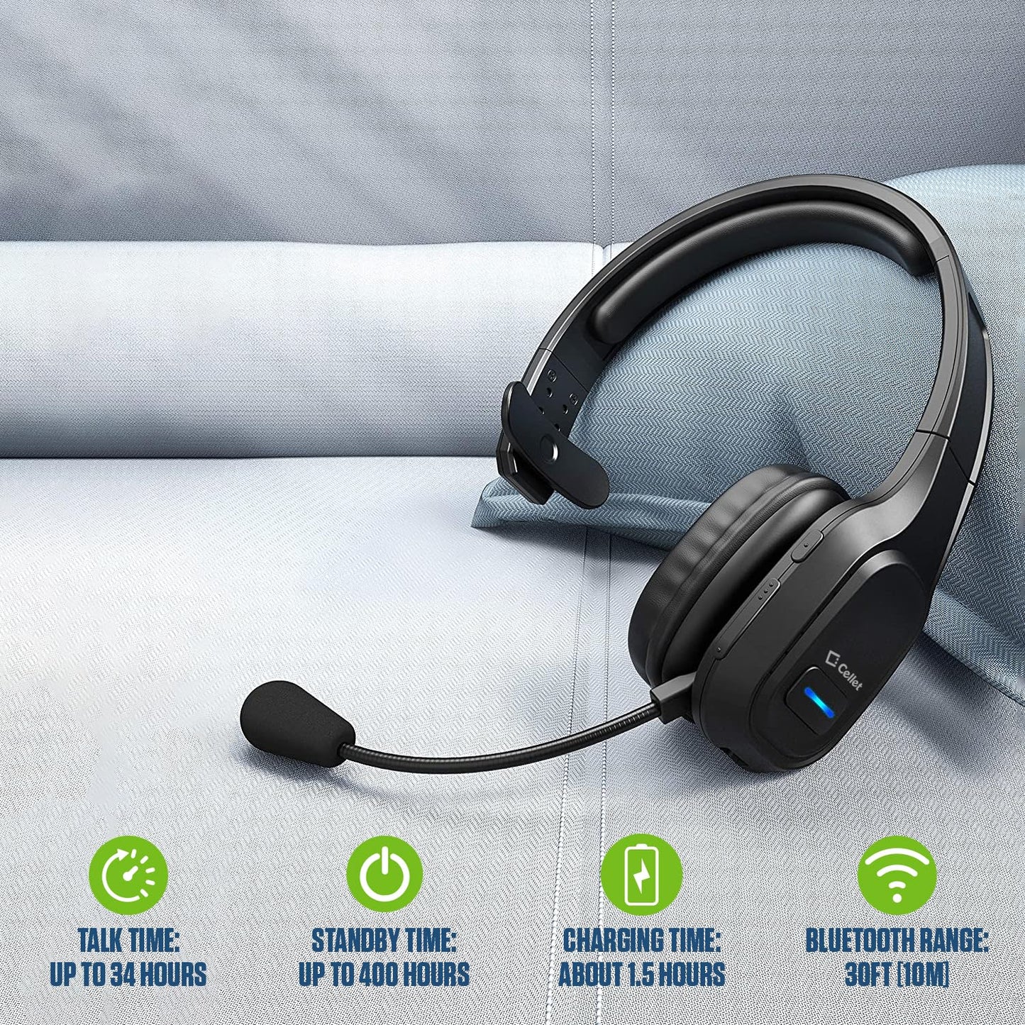 Cellet Overhead Boom Mic Wireless Headset with Noise Cancelling, Echo Reduction, 34H Talk Time, 30ft Range - Adjustable Headband, All-Day Comfort