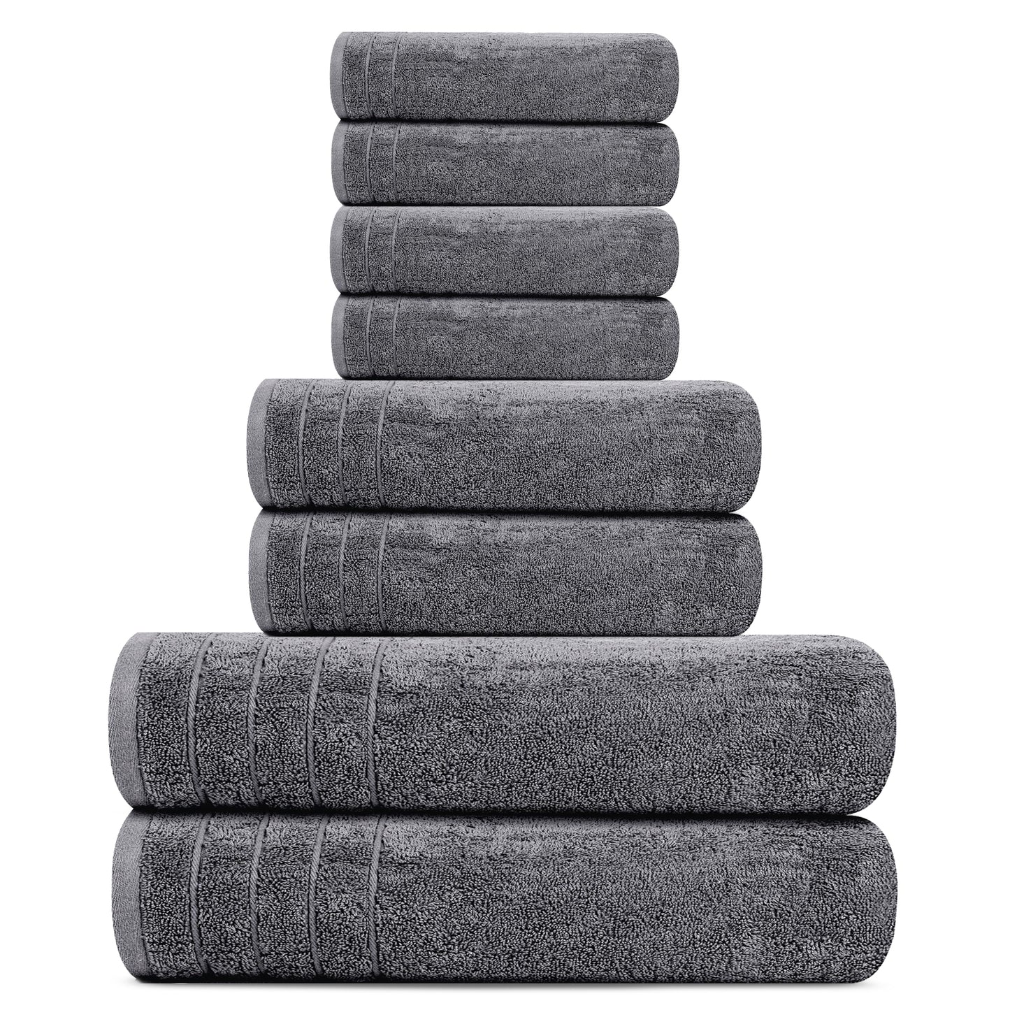 Tens Towels 8-Piece Set, 2 XL Bath, 2 Hand & 4 Washcloths, 100% Cotton, Lightweight, Quick Dry & Super Absorbent for Bathroom, Dark Grey