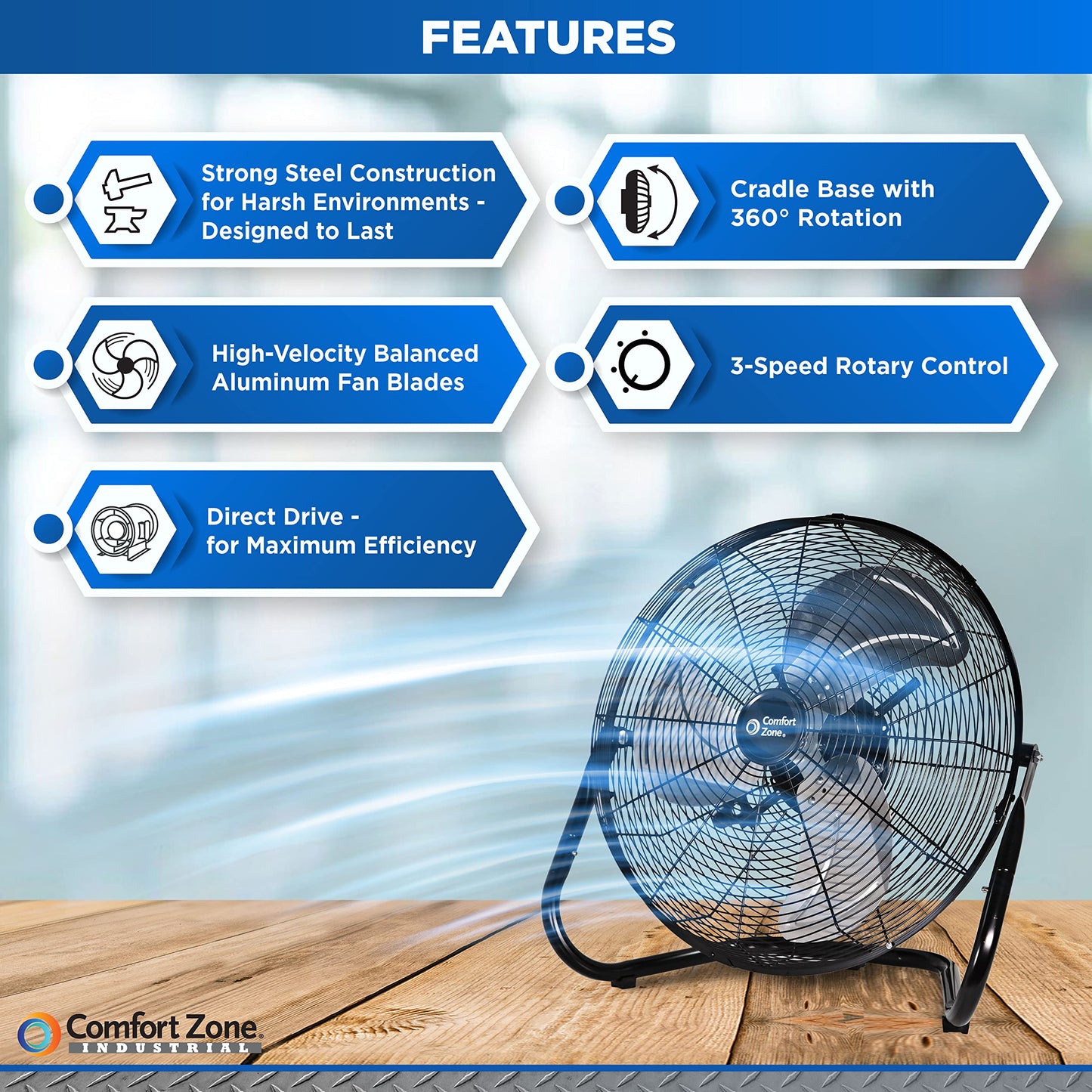 Comfort Zone Cradle Floor Fan, Electric, High-Velocity,180 Degree Adjustable Tilt, 18 inch, 3 Speed, Carry Handle, Rubber Feet, Metal, Airflow 19.36