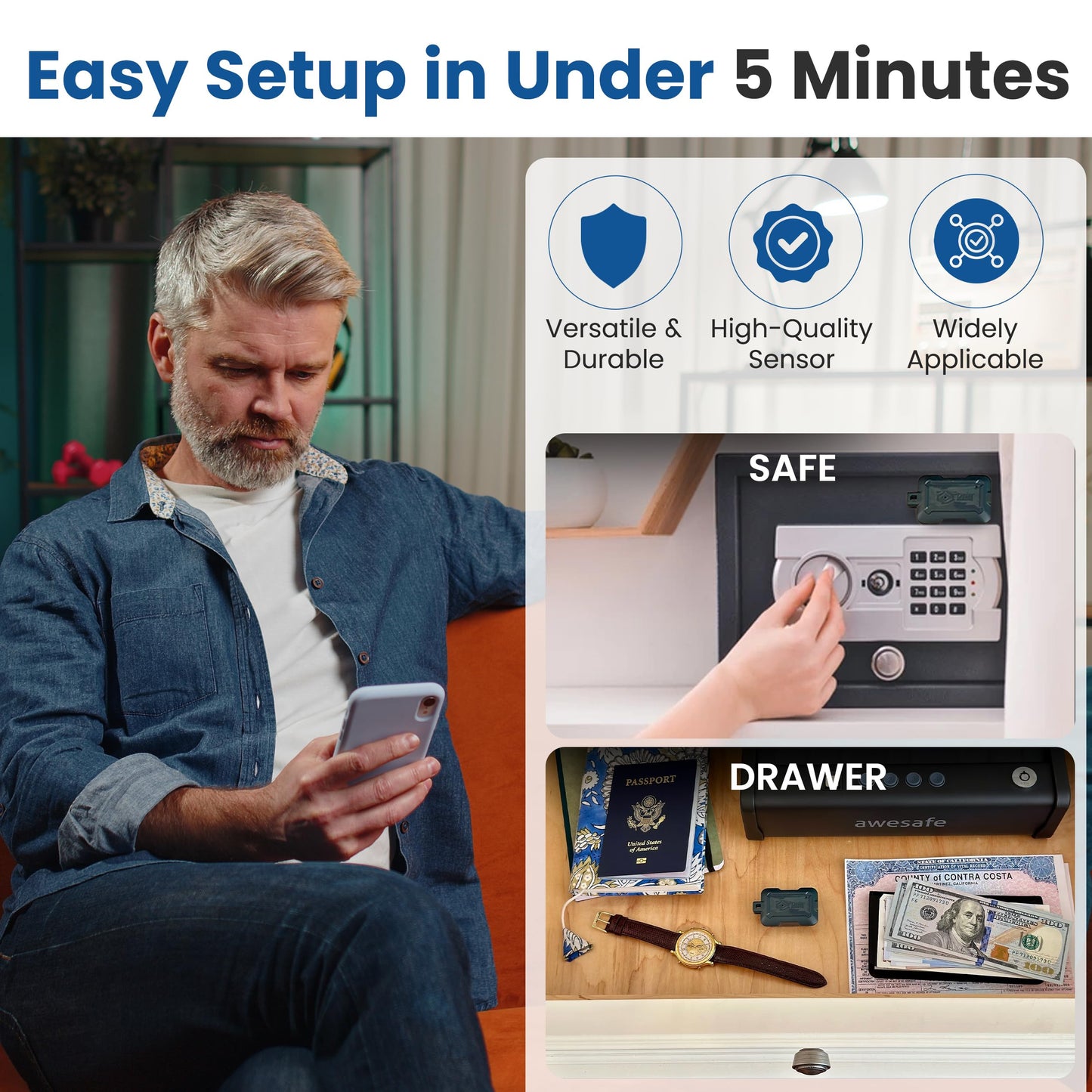 Instant Kini Safe Alert Wi-Fi Motion Sensor Alarm - Real-time SMS, Email, IFTTT - Great for Gun Safes, Cabinets, Office - Easy Install, No