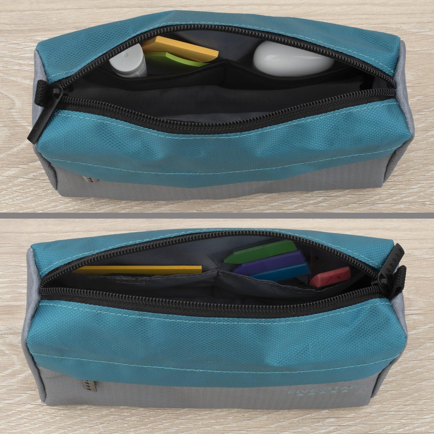 Five Star Pencil Pouch 9-Pocket Zipper Storage Organizer Case for Office Supplies Earbuds Chargers Cables Makeup, Grey/Teal (505600D)